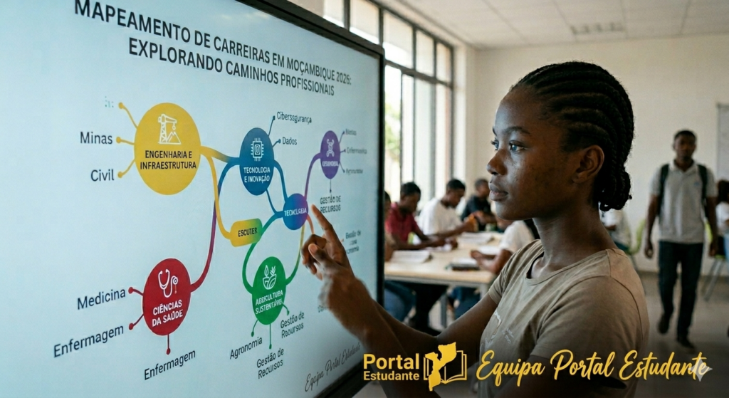 Infográfico interativo de mapeamento de carreiras em Moçambique para 2026, com assinatura visível da Equipa Portal Estudante