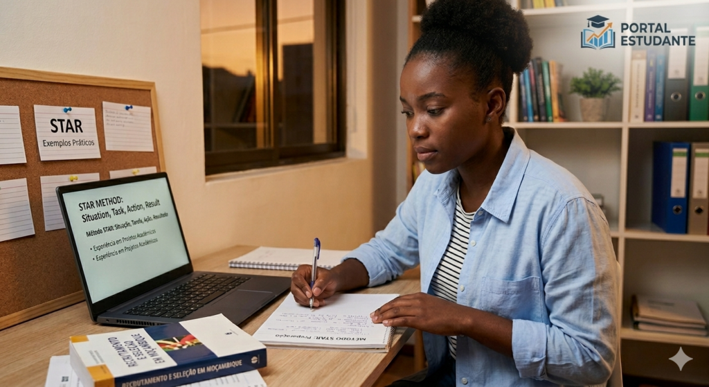 Estudante em Moçambique a preparar o Método STAR para uma entrevista de emprego.