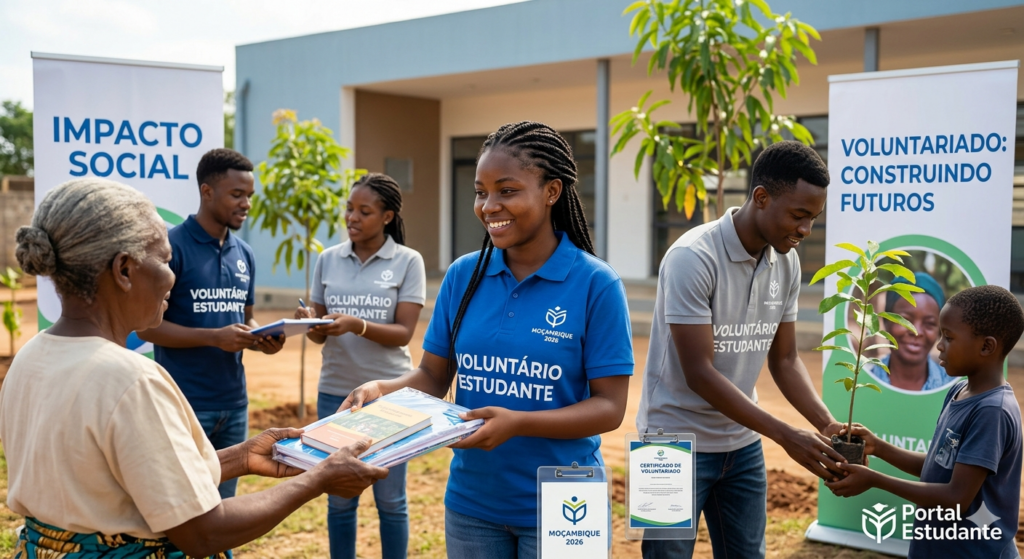 Estudantes moçambicanos voluntários participando de um projeto comunitário para bolsas de estudo 2026.