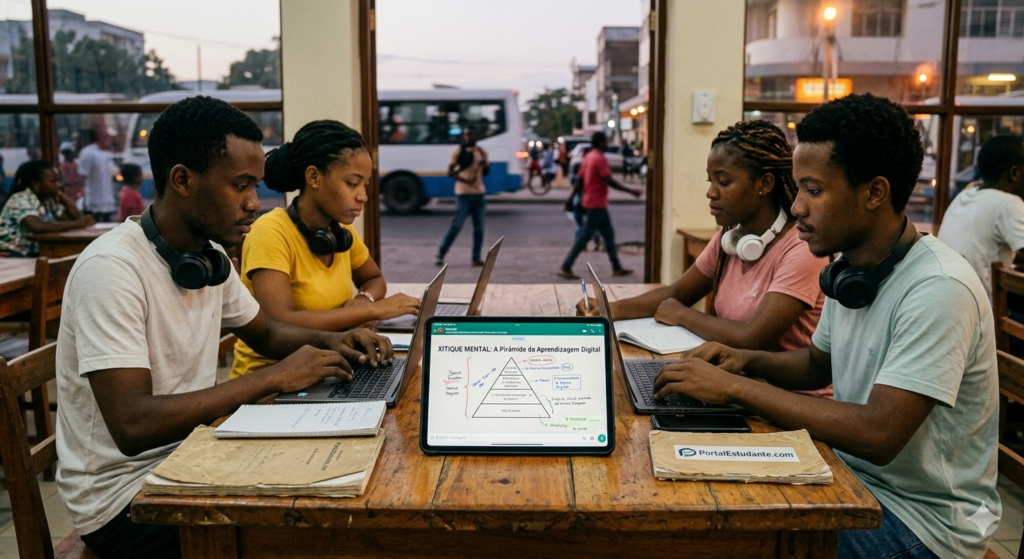 Grupo de estudantes moçambicanos praticando colaboração digital (Xitique Mental) para cursos Ensino a Distância em Moçambique