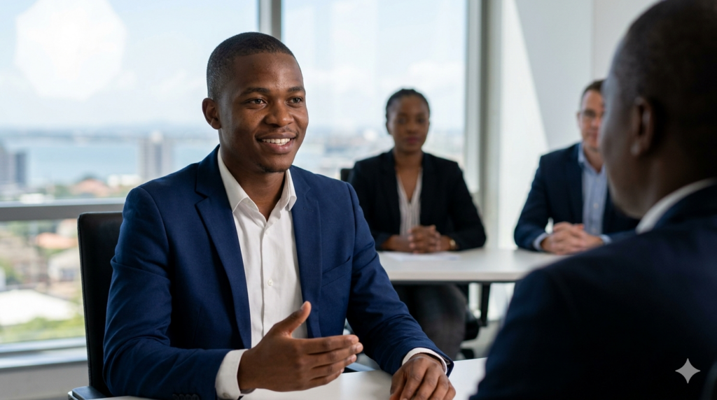 jovem moçambicano confiante em entrevista de emprego em escritório com vista para Maputo