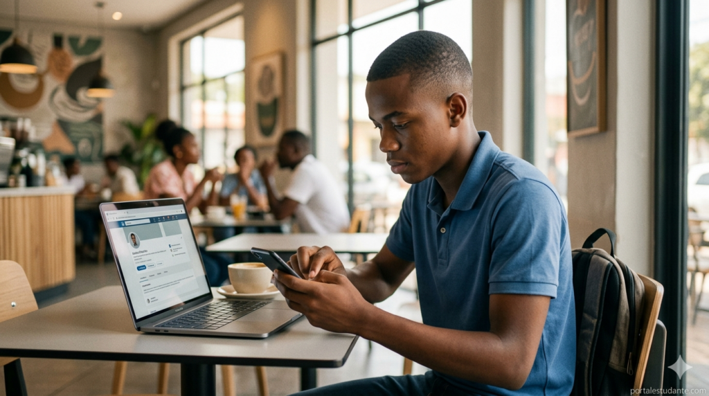 estudante moçambicano usando linkedin e redes sociais para conseguir estágio profissional portalestudante.com