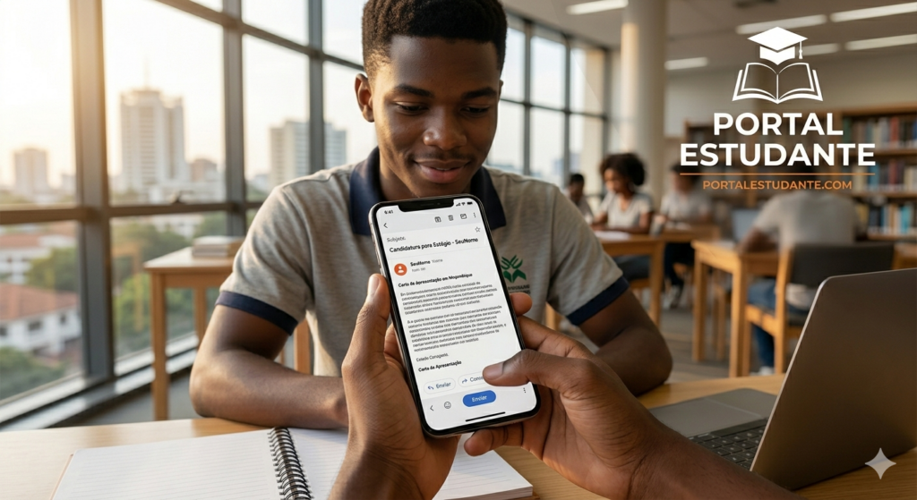 Estudante enviando carta de apresentação em Moçambique pelo telemóvel