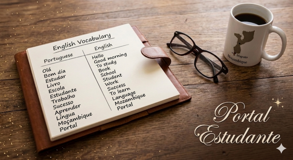 Caderno de vocabulário de inglês com tradução para português e assinatura do Portal Estudante – Aprender inglês em Moçambique