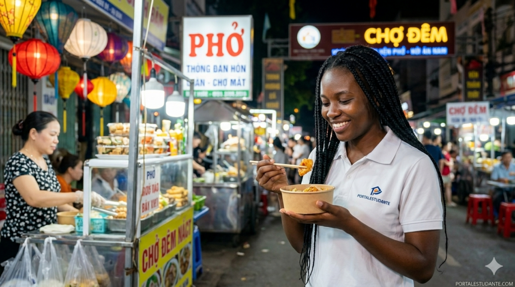 Candidata selecionada através das bolsas de estudo no Vietname 2026 experimenta a gastronomia local num mercado tradicional durante a sua integração cultural.