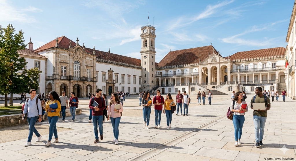 Campus de uma universidade pública repleto de estudantes que planeiam fazer um Mestrado em Portugal.