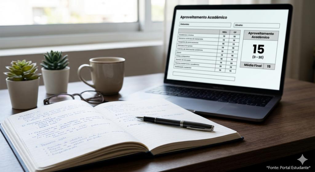 Histórico de notas excelentes na mesa de estudos para cumprir os requisitos de acesso ao Mestrado em Portugal.