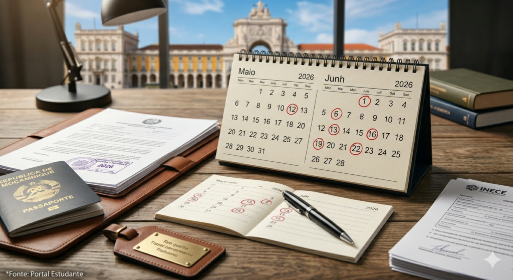 Calendário com datas e prazos importantes anotados para o concurso de bolsas de Mestrado em Portugal.