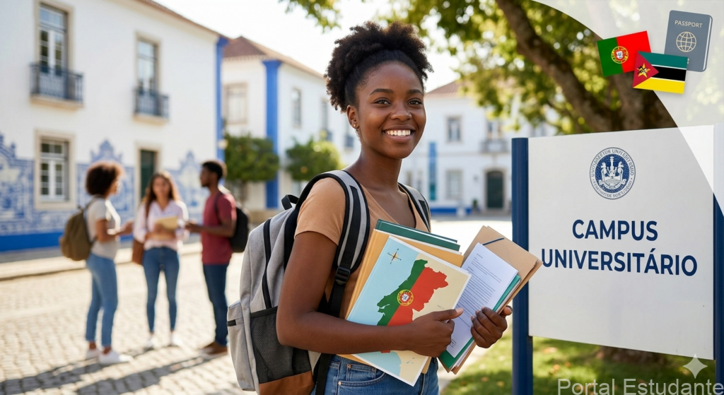 Estudante a planear o custo do visto de estudante para Portugal em Moçambique com passaporte e carta de aceitação