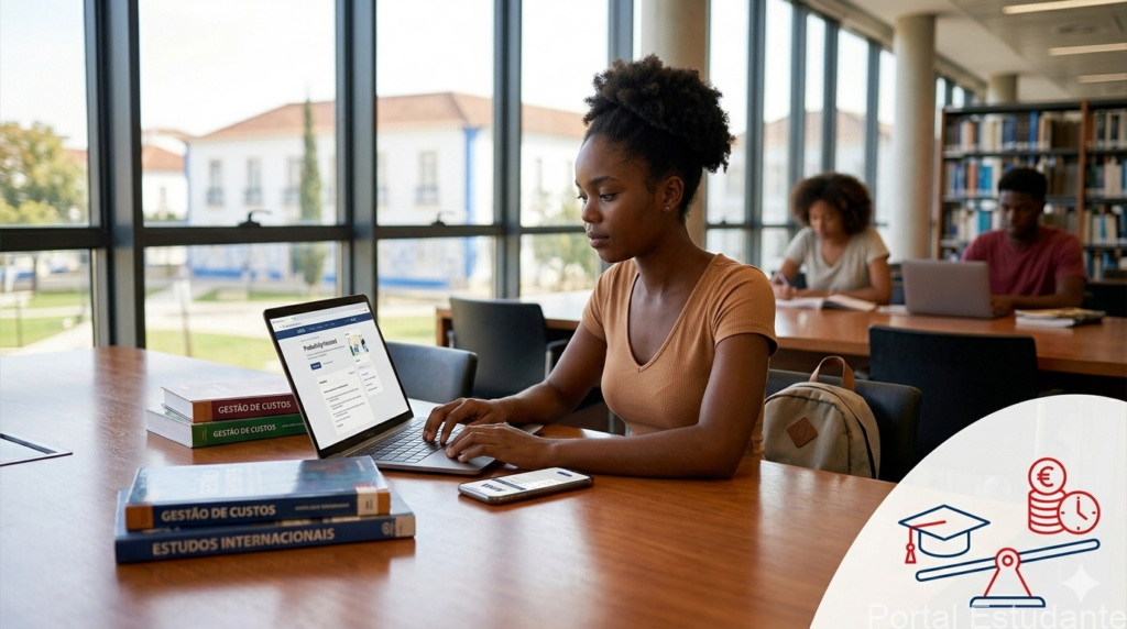 Estudante universitária na biblioteca a pesquisar trabalho part-time para cobrir o custo do visto de estudante para Portugal em Moçambique
