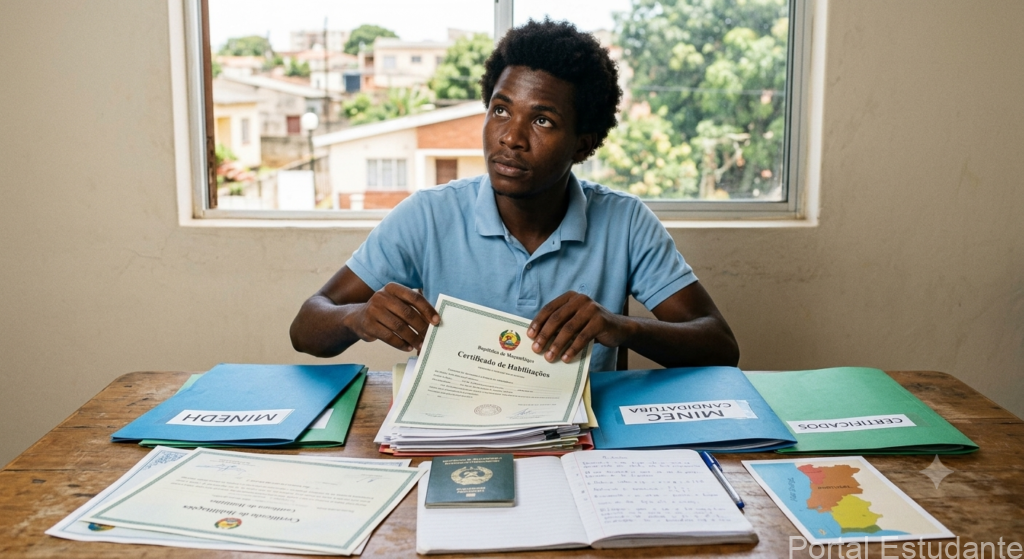 Estudante a organizar certificados para autenticar documentos no MINEDH e MINEC em Moçambique.