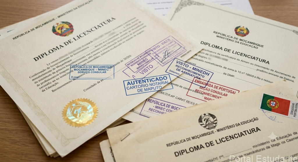 Certificados moçambicanos com carimbos oficiais após autenticar documentos no MINEDH e MINEC.