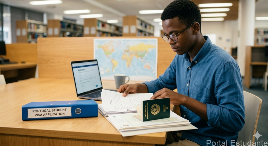 Estudante moçambicano organizando documentação para o visto de estudante para Portugal.
