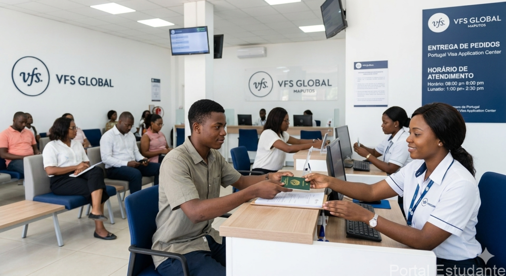 Interior do centro de aplicação VFS Global em Maputo, com estudante entregando o pedido de visto de estudante para Portugal.