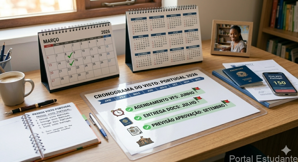 Ambiente de trabalho organizado com calendário e cronograma de passos para a aprovação do visto de estudante para Portugal.