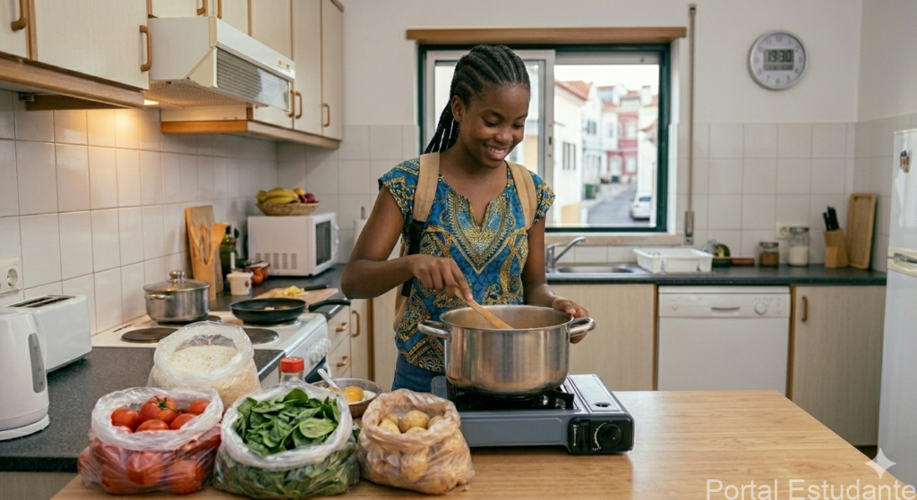 Estudante a preparar refeições em casa para poupar dinheiro e manter uma gestão financeira para estudantes eficiente durante o curso.