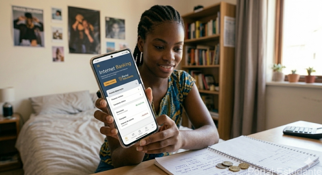 Estudante a utilizar o telemóvel para monitorizar gastos e fazer a gestão financeira para estudantes através de aplicações de internet banking.