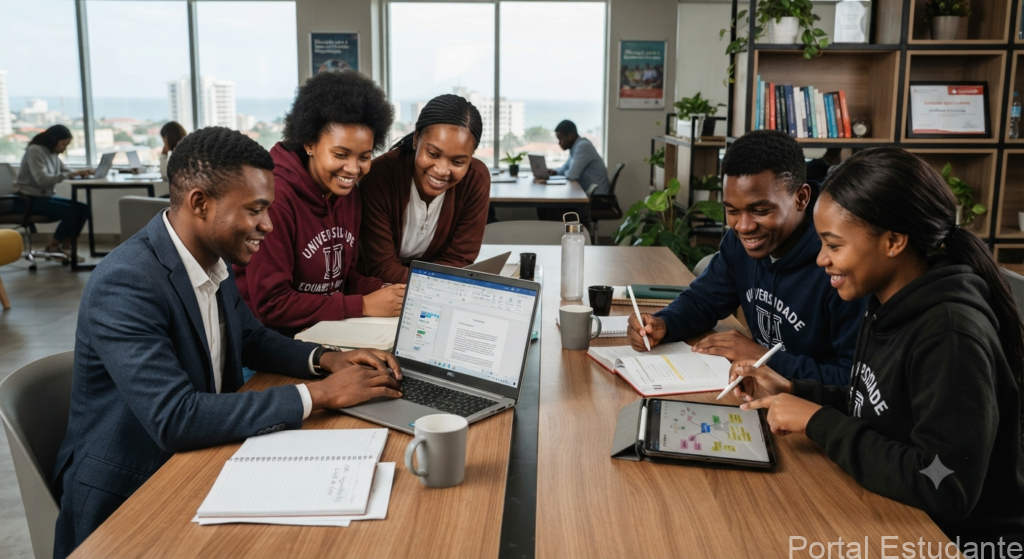 Estudantes focados na sua organização académica utilizando ferramentas digitais.