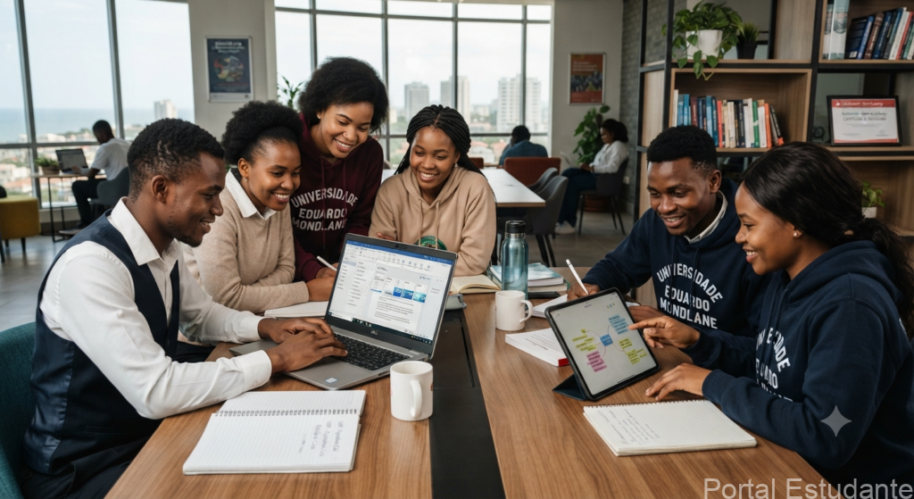 Estudantes universitários em Moçambique focados na elaboração do trabalho de fim de curso.