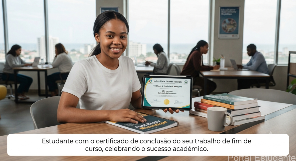 Estudante universitário moçambicano com certificado do seu trabalho de fim de curso.