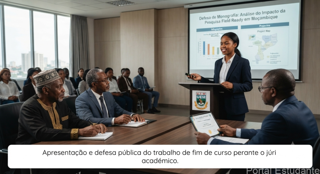 Estudante universitário em Moçambique a realizar a defesa pública do trabalho de fim de curso perante o júri académico.