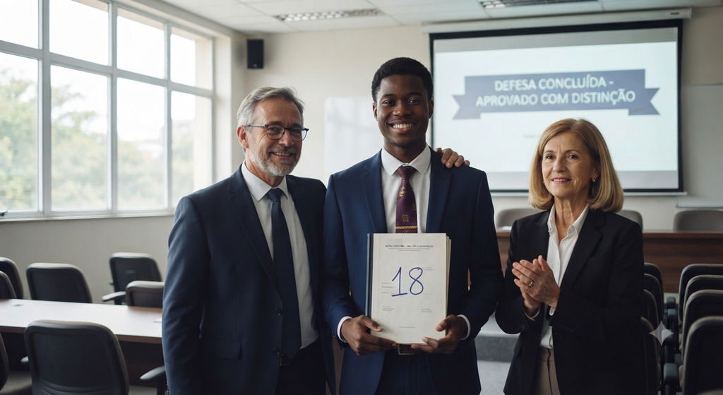 Estudante sorridente ladeado pelos professores após a aprovação com a nota 18 no dia da defesa da monografia.